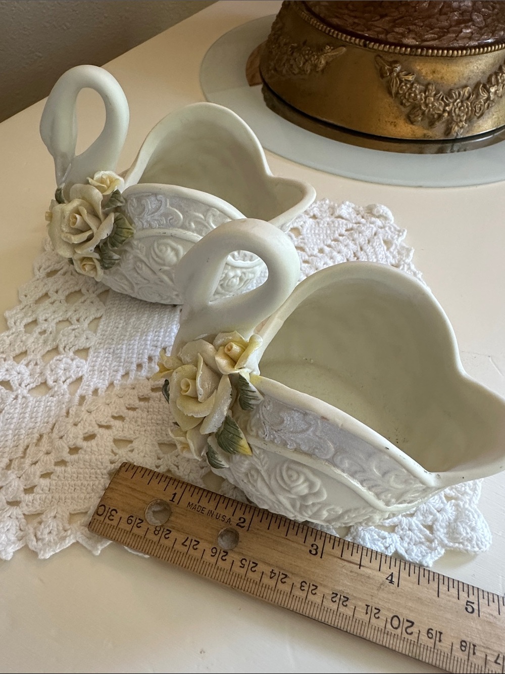 Porcelain Swan Planters with Cream Rose Accents - Pair